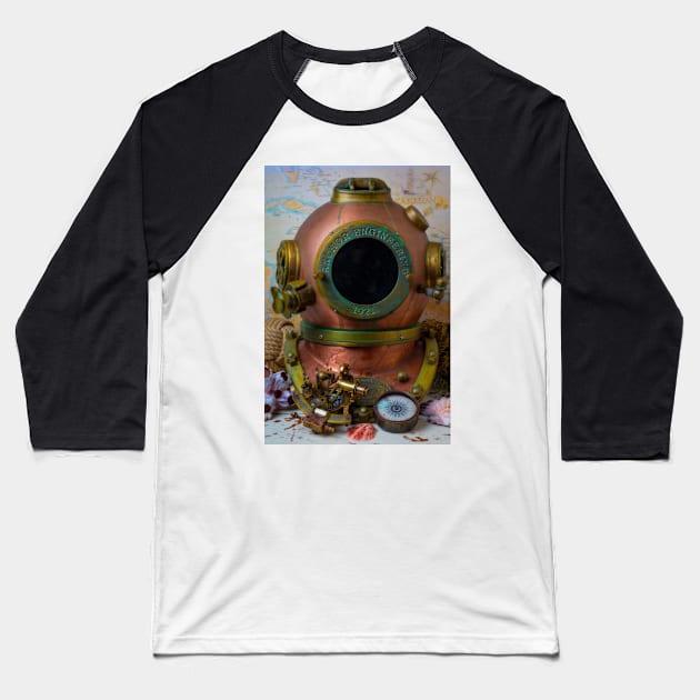 Diving Helmet And Old Map With Compass Baseball T-Shirt by photogarry